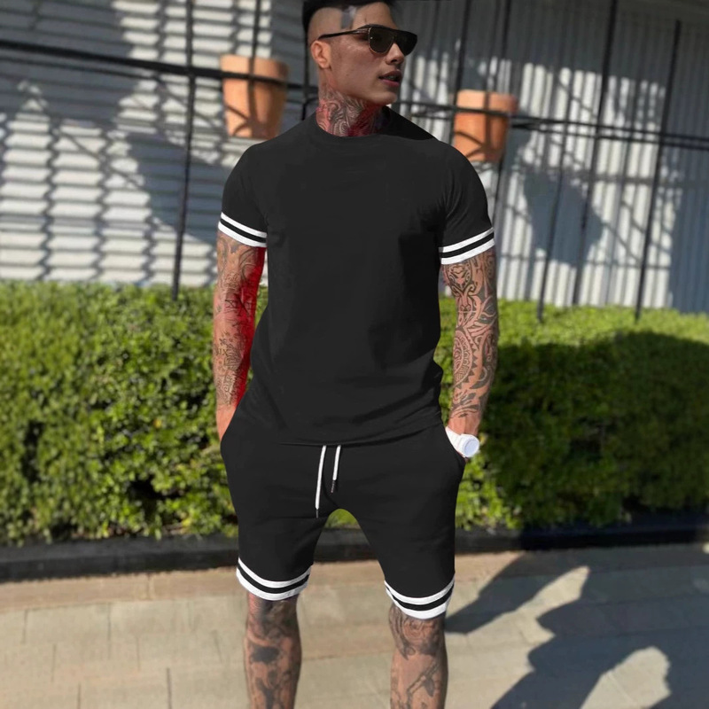 Cross-Border Foreign Trade Hot-Selling Men's Suits, Summer Casual Shorts, Men's Sports Pants, Black and White Cuffs, Casual Short-Sleeved T-Shirts Cross-Border Foreign Trade Hot-Selling Men's Suits, Summer Casual Shorts, Men's Sports Pants, Black and White Cuffs, Casual Short-Sleeved T-Shirts