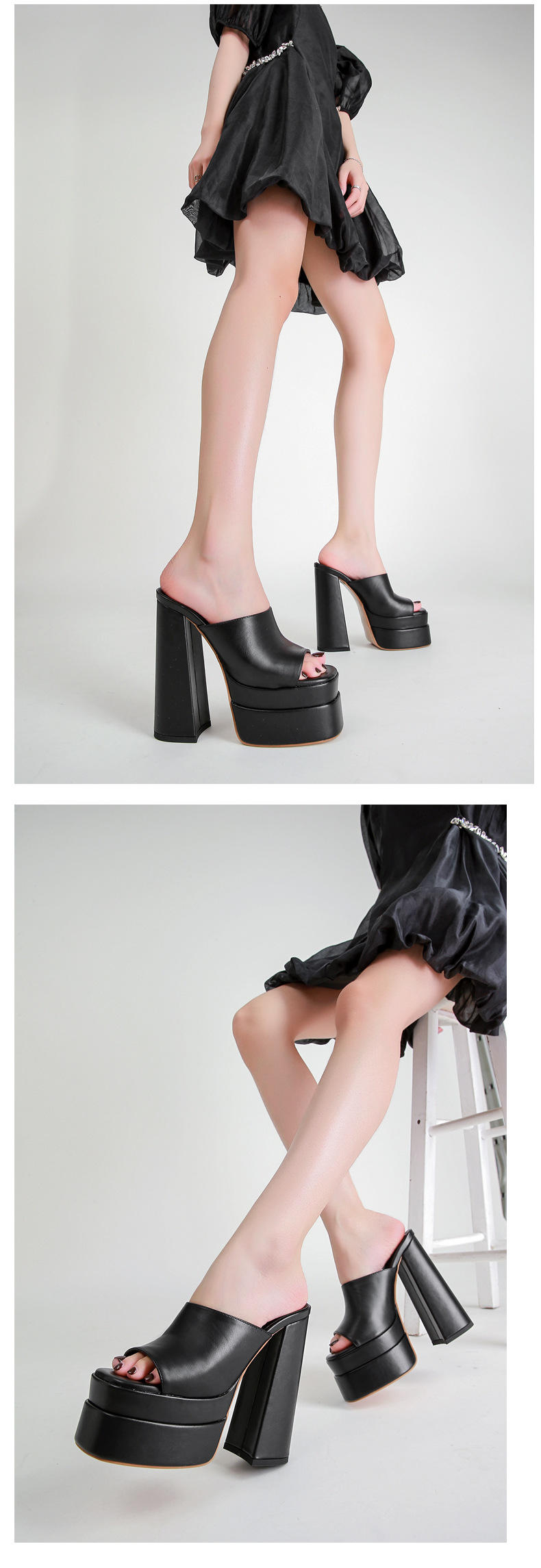 Sandal nữ quai chữ V gót thô đế bệt phong cách xuân hè — Màu đen chi tiết 9