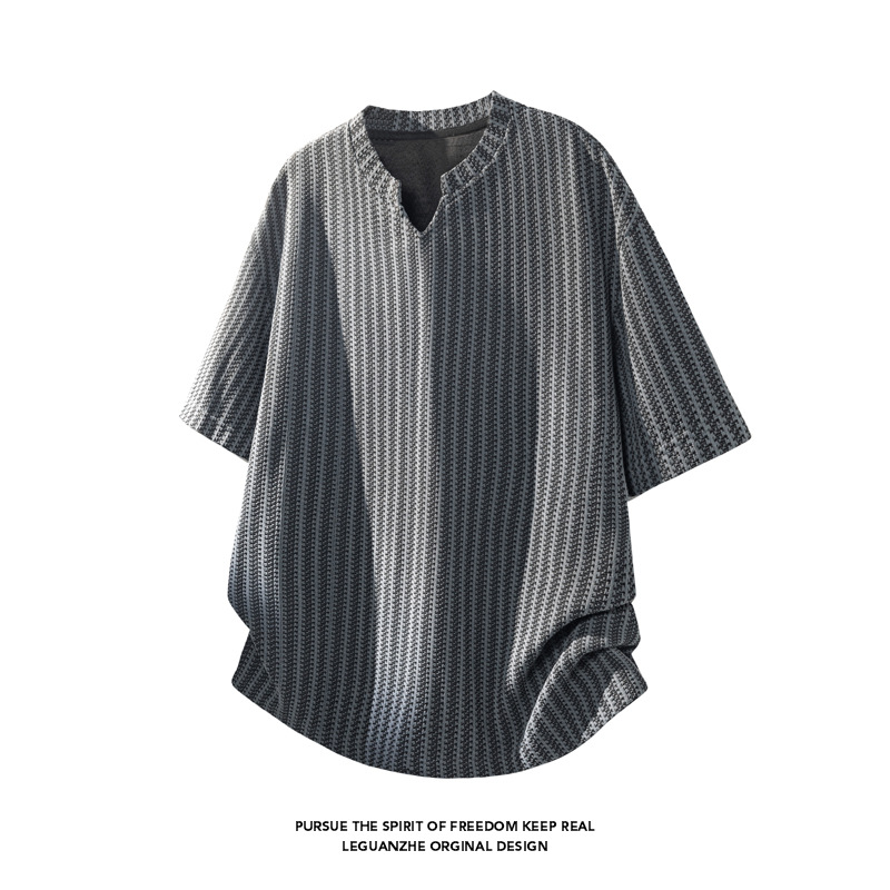 Herringbone Pattern V-neck Short-sleeve T-shirt Men, Summer Trendy American-style Clothing, Loose Fit, Heavy-duty_voghion.com
