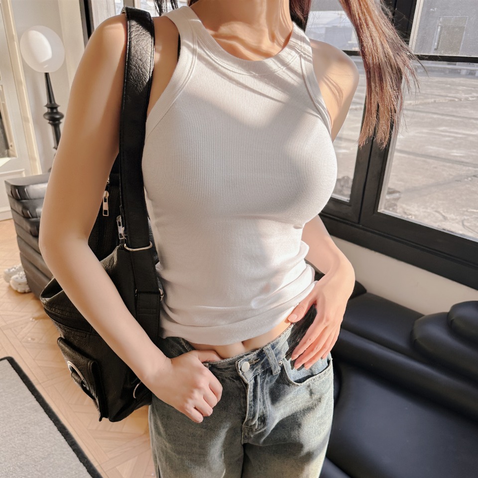 GOOD FA New Pit Strip Tank I-shaped Vest Women's Extremely Simple Style Dig Shoulder Round Neck Comfortable Slimming Women's Vest