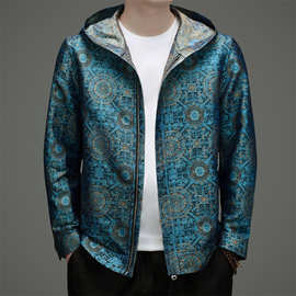 男士轻奢桑蚕丝香云纱连帽夹克衫中青年提花潮流百搭薄款上衣男装