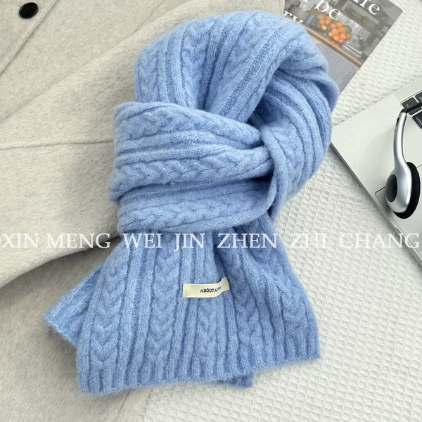 Wool Blend Scarf for Women, Autumn and Winter Korean Style, High-End Atmosphere, Warm Knit Versatile Solid Color Cable Scarf for Men