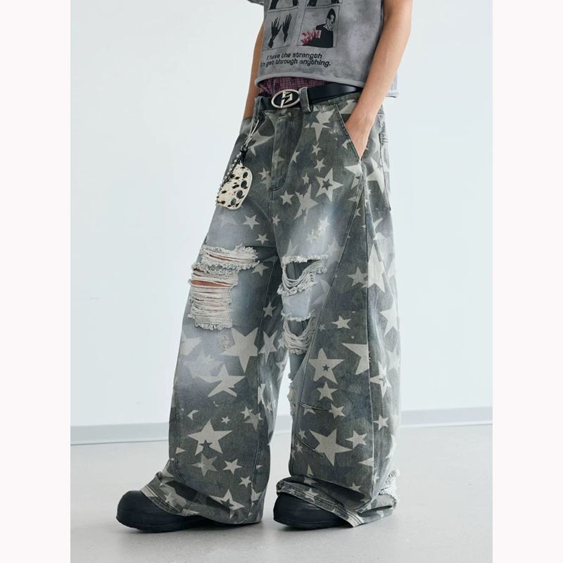 American Retro Star Print Distressed Ripped Jeans Unisex Street Style Yabi Punk Wide-Leg Pants