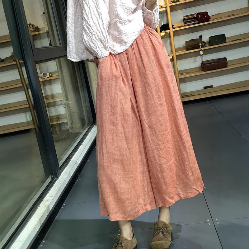 Plus Size Solid Color Artistic Simple Casual Cropped Pants for Women Korean Style Summer Elastic Waist Double Layer Lightweight Linen Wide Leg Pants