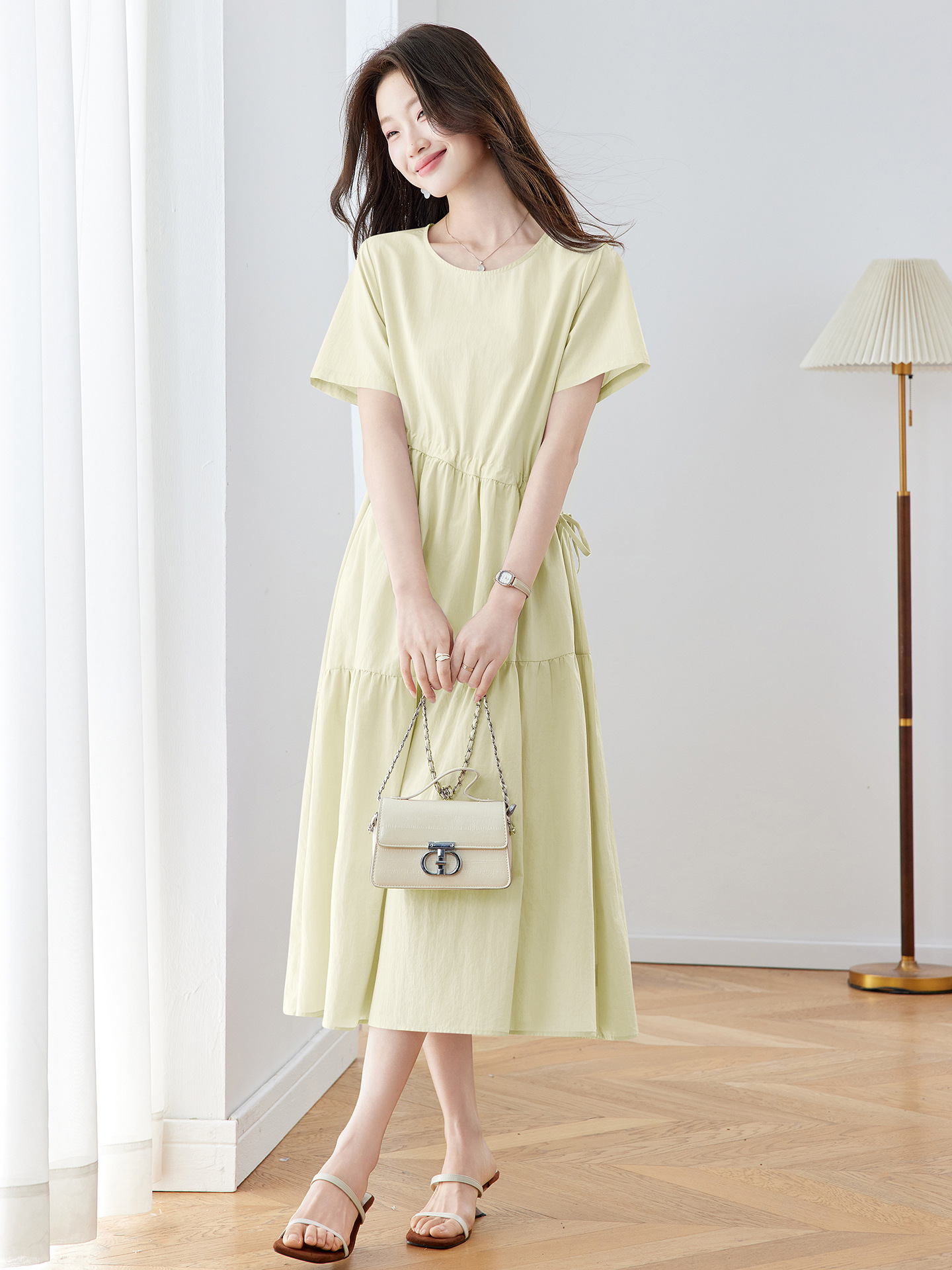 Đầm maxi nữ thắt eo dáng suông rút dây A-line tay ngắn JY2619 — màu tím nhạt, Vàng nhạt