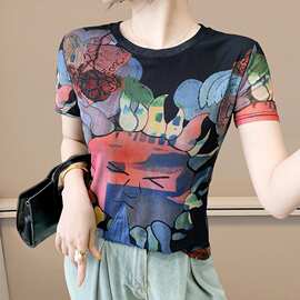 欧货2025夏季时尚纱网印花定位花短袖圆领修身显瘦洋气上衣潮代发