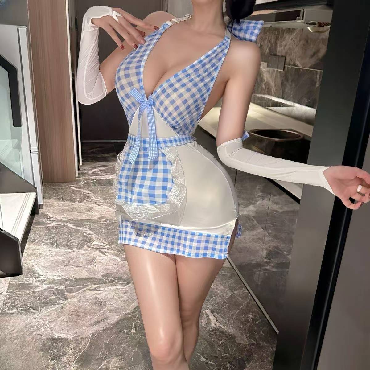 Maid Uniform Lingerie Set with Deep V Halterneck, See-Through Plaid Skirt, Blue — detail image 4