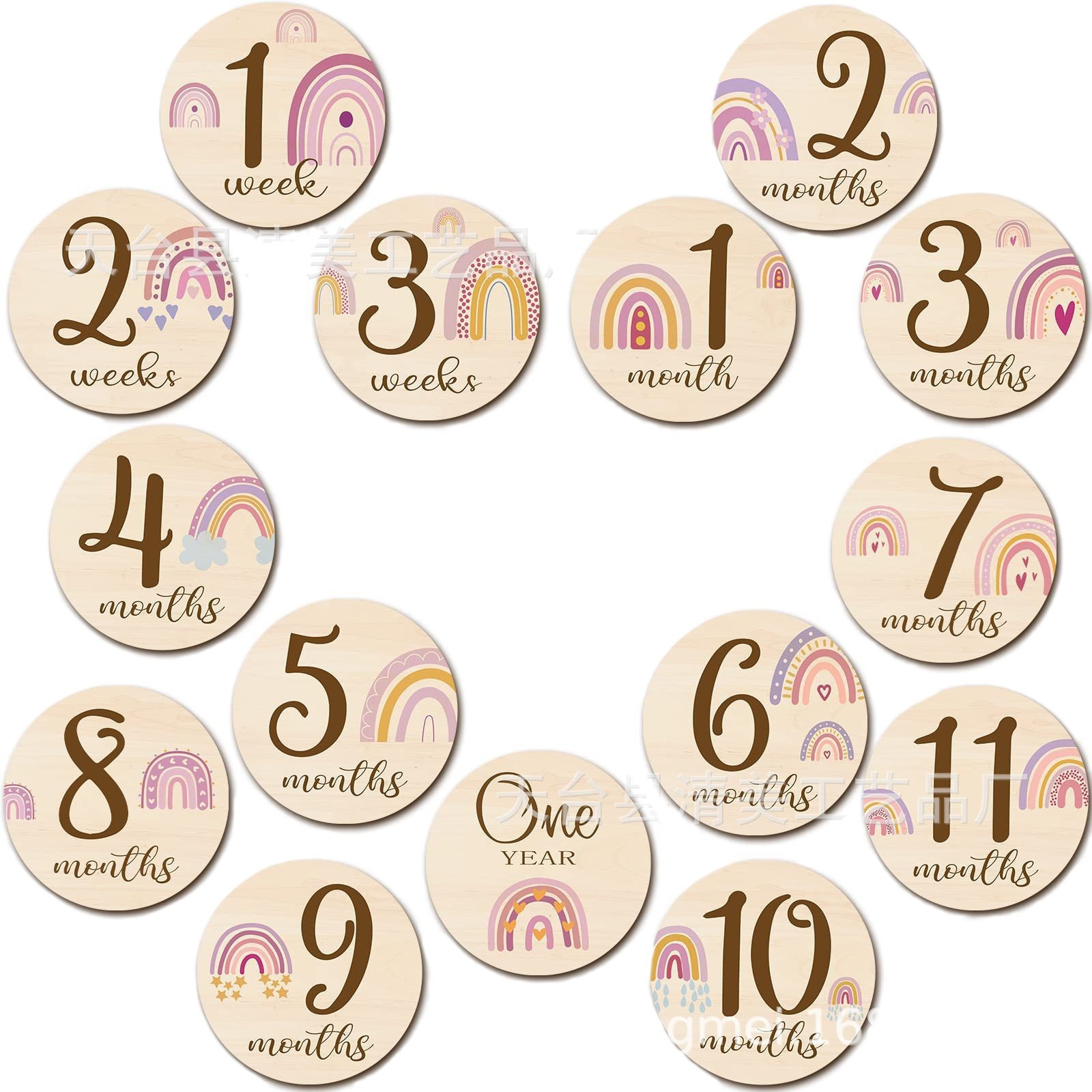 16 impresión a doble cara arco iris de madera bebé foto accesorios de madera chip mes recién nacido Tarjeta de madera conmemorativa