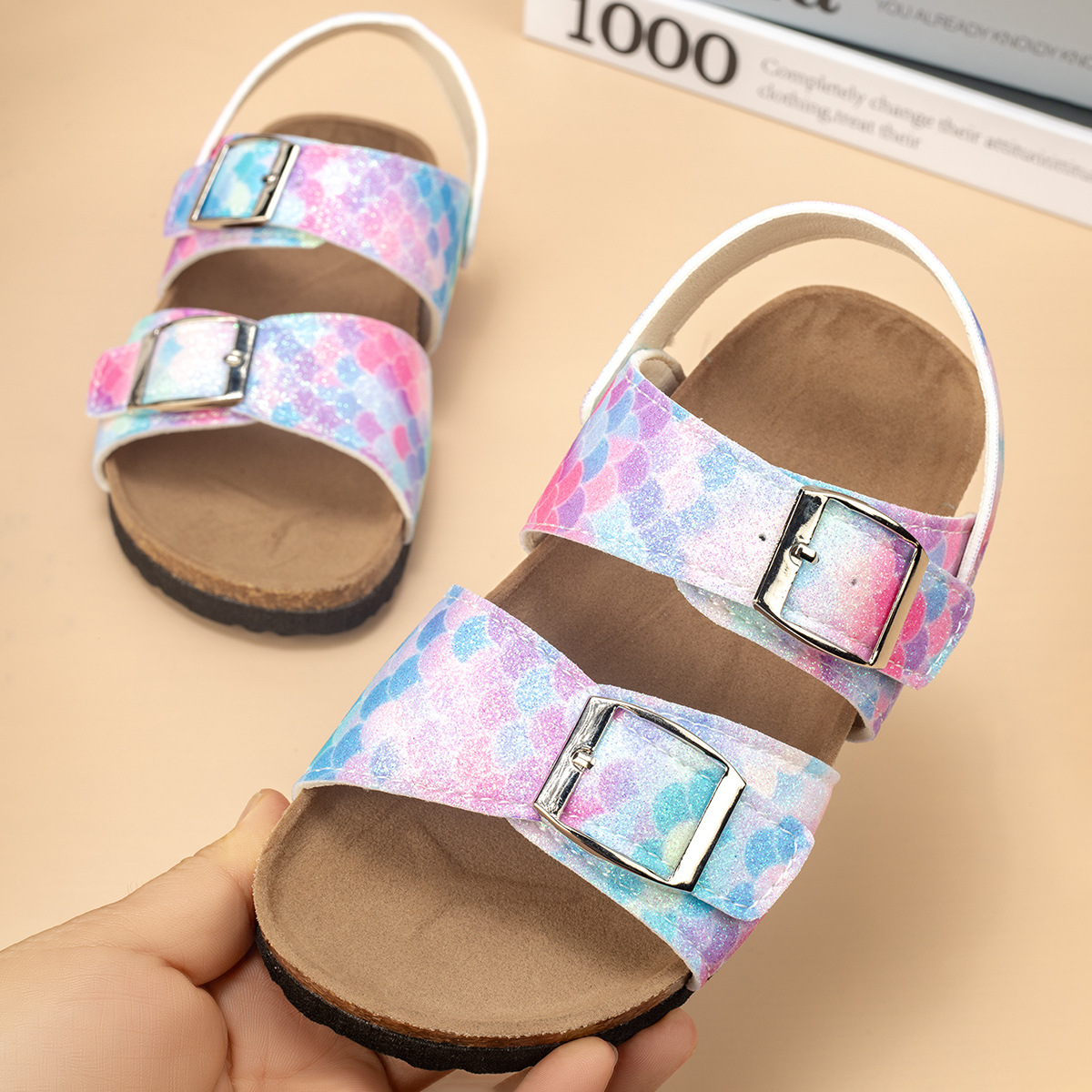 Cross-border Girls' Casual Two-wear Slippers Sandals with Double Buckle Imitation Fish Scale Non-slip Cork Birkenstocks Trendy Shoes