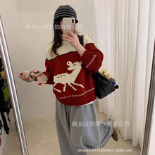 以时 圣诞系列毛衣 小鹿加厚提花撞色针织衫圆领宽松显瘦毛衣 女