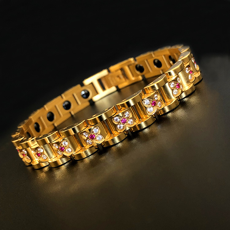 Pulsera de acero inoxidable al por mayor de AliExpress con diamantes de color rojo, joyería de cadena magnética dorada para hombre.