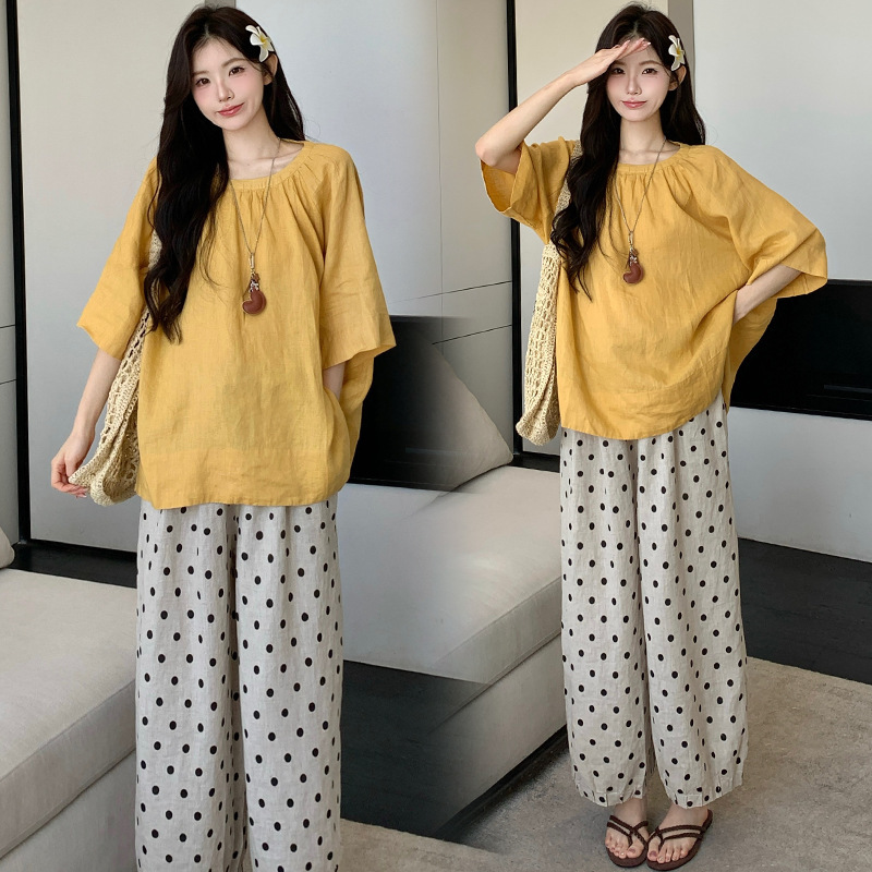 2025 Summer Thin Casual Linen Shirt Loose Top + Polka Dot Wide Leg Pants Trendy Mom Korean Style Maternity Suit