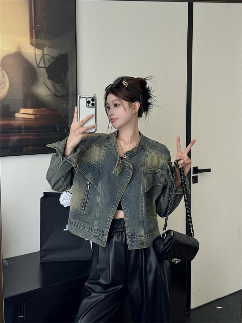 Kurtka motocyklowa dla chłopca ze stójką i dżinsowym kołnierzem, jesień 2025, nowa, unikatowa, zapinana na zamek, luźna, krótka bluzka w stylu retro_voghion.com