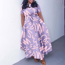 Q127跨境亚马逊非洲新款时尚圆领印花短袖高腰大摆气质外贸连衣裙