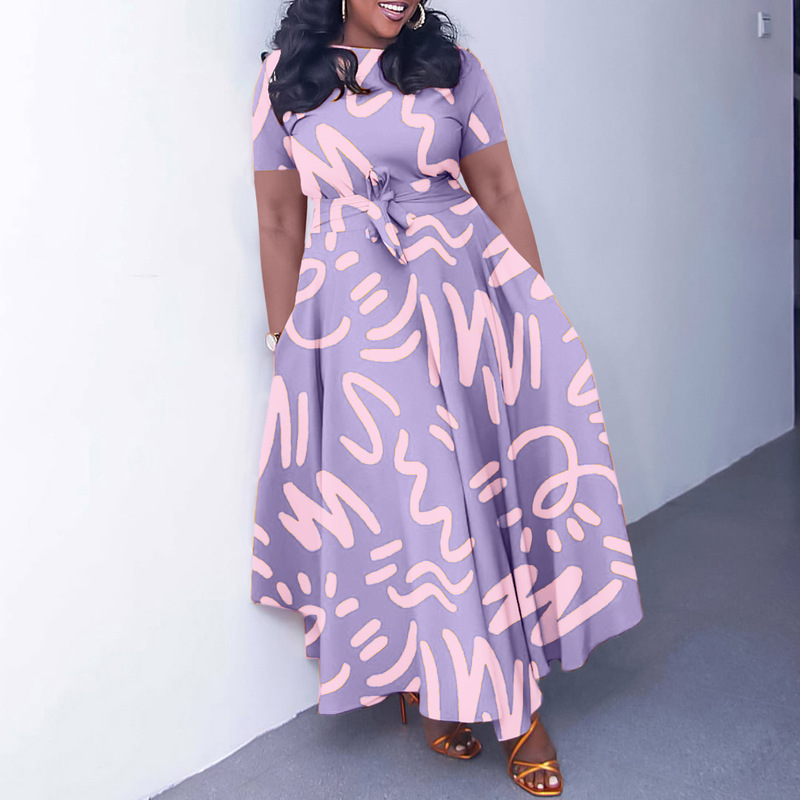 Q127 cross-border Amazon Africa new fashion round neck printing short sleeve high waist big pendulum temperament foreign trade dress