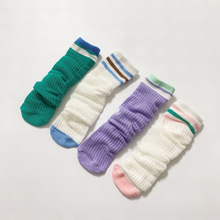 春夏新款拼色横条儿童中筒袜 移圈网眼潮童透气棉袜子堆堆袜