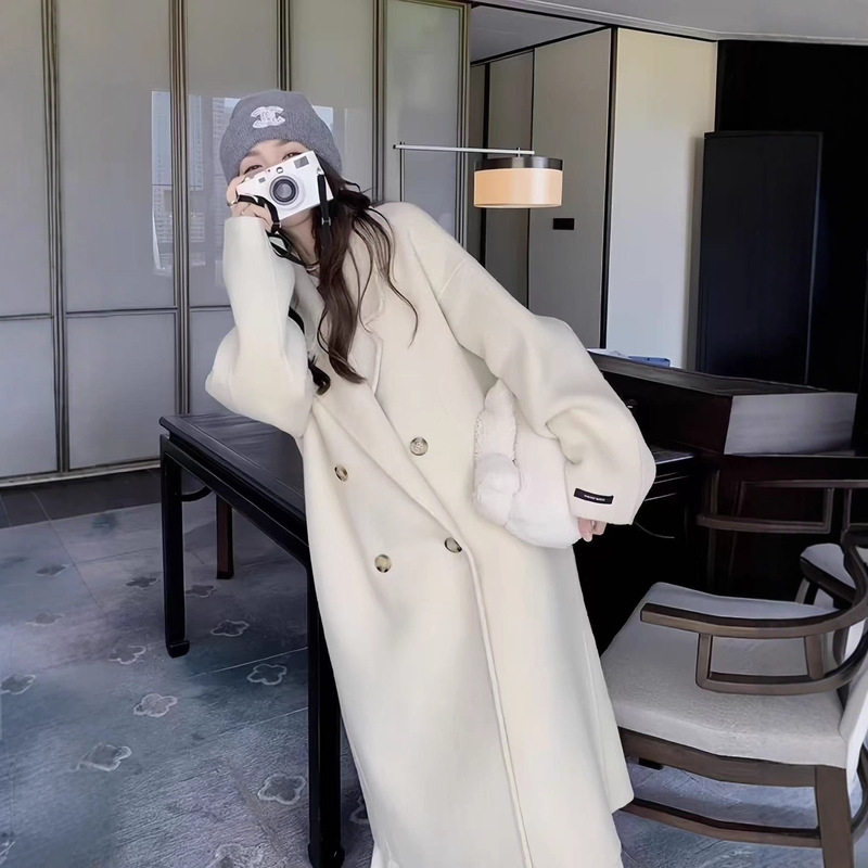 25 New Autumn and Winter Simple Lazy Style Gray Cashmere Double-Breasted Long Woolen Outwear Women's Korean Loose Outwear 25 New Autumn and Winter Simple Lazy Style Gray Cashmere Double-Breasted Long Woolen Outwear Women's Korean Loose Outwear