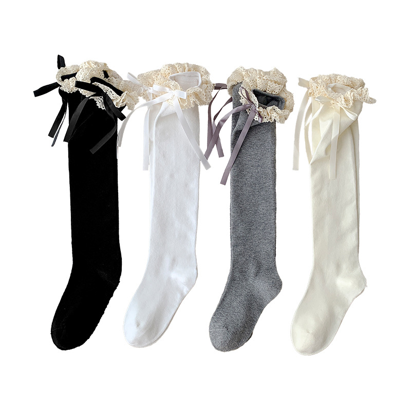 Botas, calcetines de pantorrilla de algodón, lazos de encaje para mujer, serpentinas, primavera y otoño, estilo de ballet miu, montones de chicas, calcetines de algodón hasta la rodilla