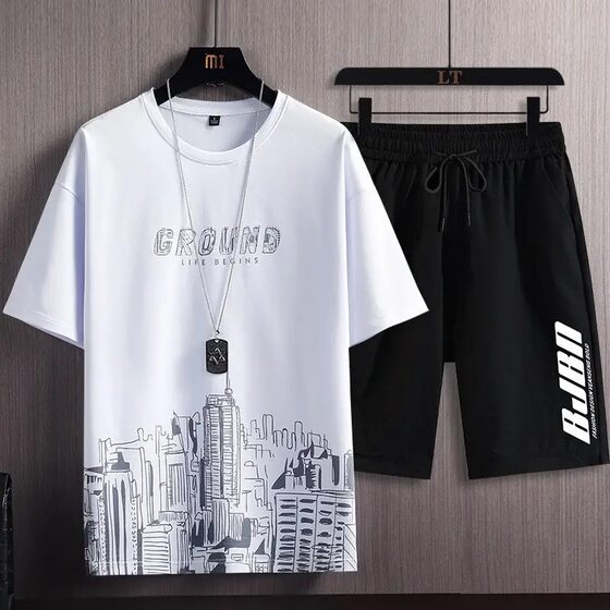 Short-sleeved shorts suit men's 2024 summer new sports leisure large size loose Joker T-shirt wholesale foreign trade