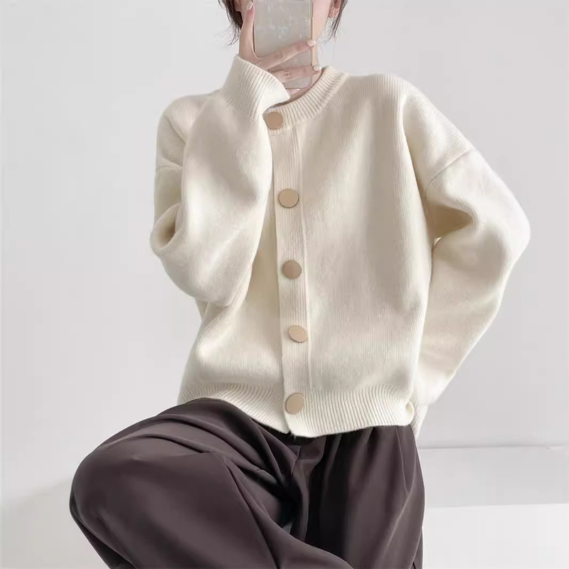 Sheep Velvet Autumn and Winter Korean Style Single-Breasted Knitted Sweater Outwear Cardigan Lazy Loose Round Neck Autumn and Winter Top White