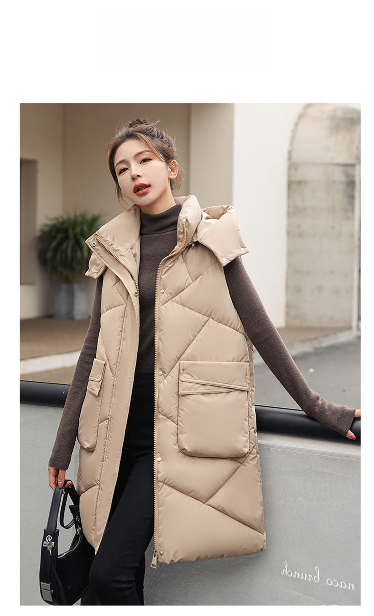 Damen Steppweste Mit Kapuze, Langer Schnitt Für Den Winter_voghion.com