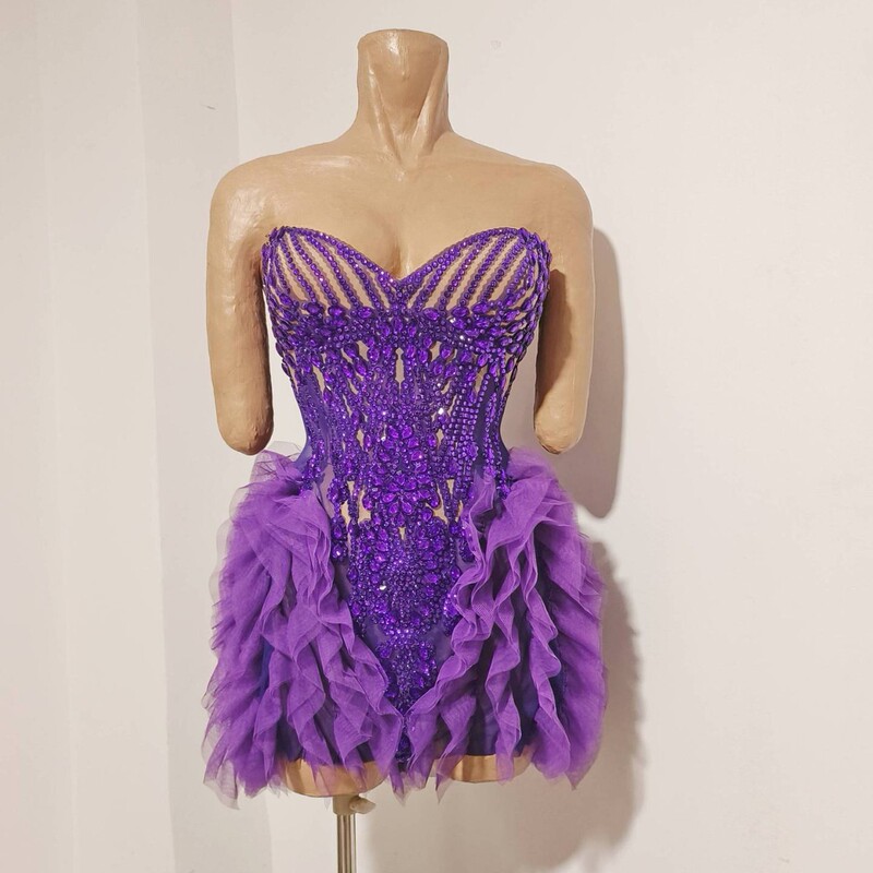 New purple diamond strapless dress, three-dimensional tulle short dress for adult women, suitable for dance performances, evening gowns, runway shows, and beauty pageants
