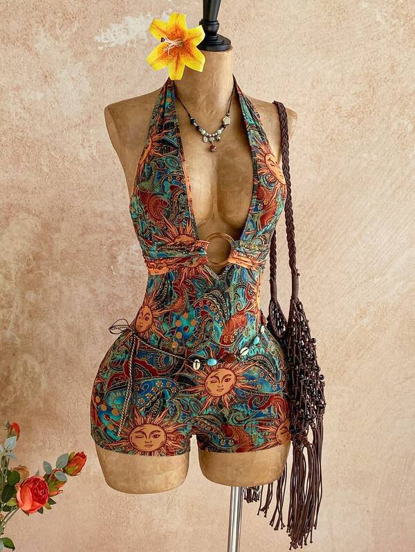 American Retro Wavy Striped Halter Neck Jumpsuit Shorts For Women Deep V Hollow Out Slim Fit Knit Jumpsuit_ecoleips.com