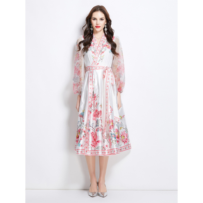 Palace style niche 2025 spring new V-neck ethnic style printed satin wrap long large dress