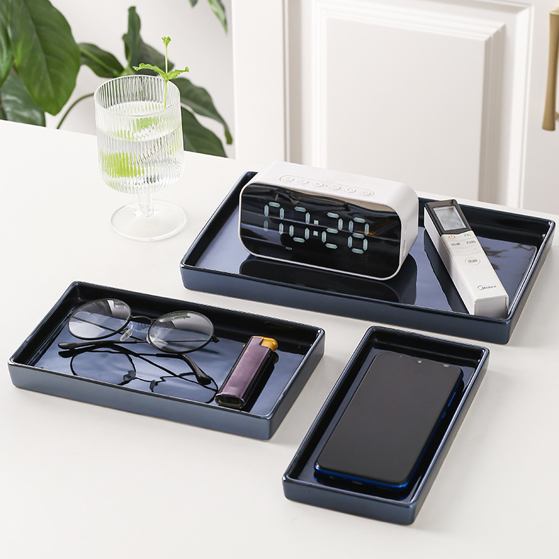 Bandeja de almacenamiento de baño en casa de lujo ligero rectangular de varios tamaños suministros de hotel Jazz azul bandeja de cerámica transfronteriza