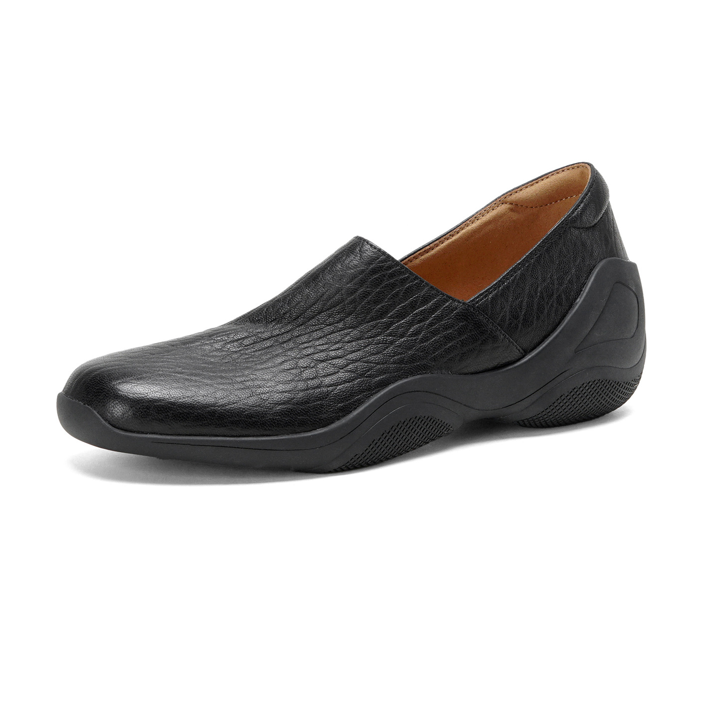 Giày loafer nữ da dê mũi tròn, gót trung 3 cm, hoa nổi, phong cách cổ điển — đen