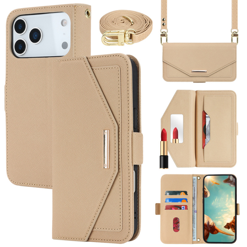 Crossbody wallet case suitable for Apple iPhone 17, cross-pattern leather case with card slot and women's makeup mirror protective cover Crossbody wallet case suitable for Apple iPhone 17, cross-pattern leather case with card slot and women's makeup mirror protective cover