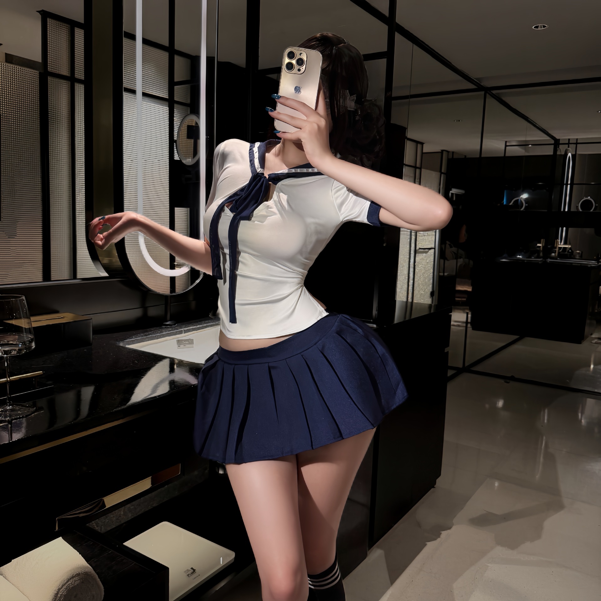 JK Uniform Maid Costume Set with Sailor Top, Short Skirt, Blindfold and Student Socks — detail image 2