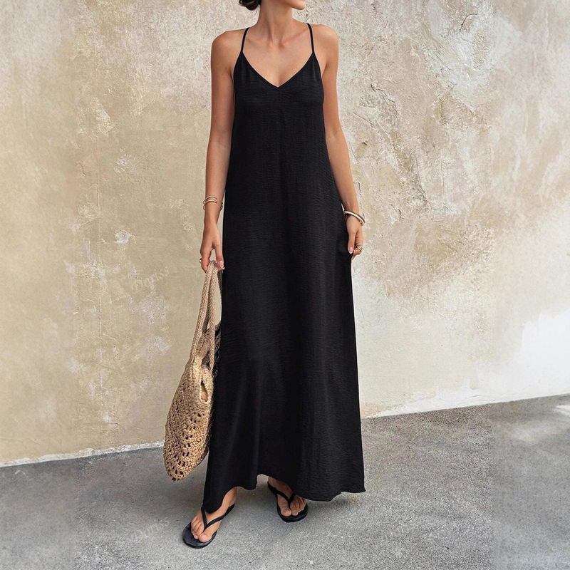 Source Factory European and American Cross-Border Solid Color Sleeveless Loose Beach Seaside New Creative Spaghetti Strap Women's Dress
