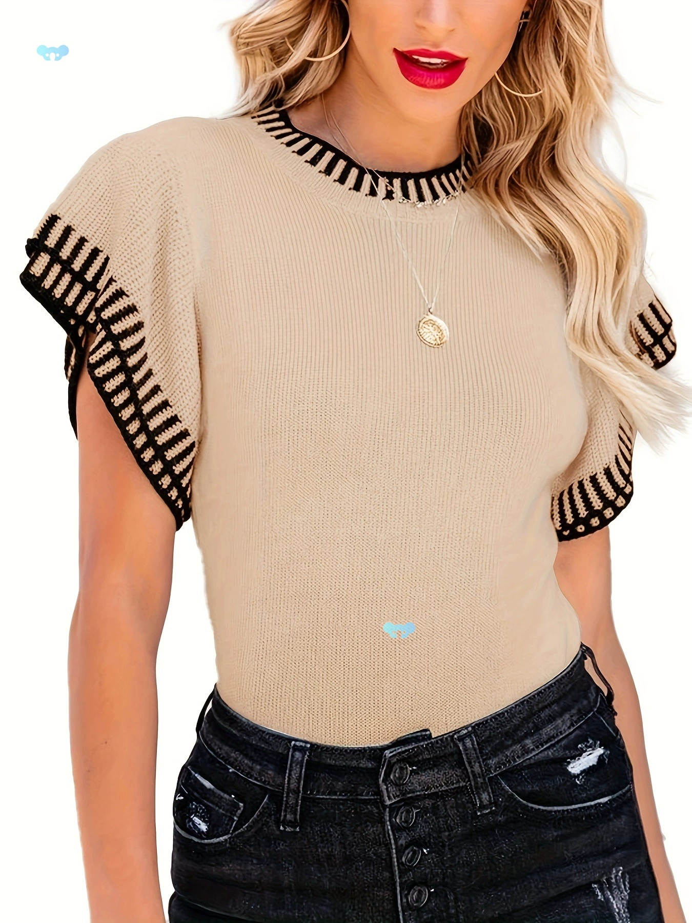 Пуловер с круглым вырезом и контрастной отделкой, повседневный свитер с коротким рукавом