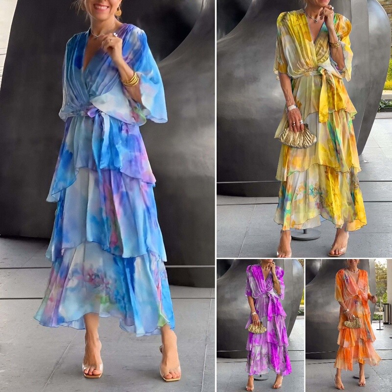 2025 New Women's Clothing Cross-Border European and American Amazon Independent Station Printed Layered Dress Long Skirt