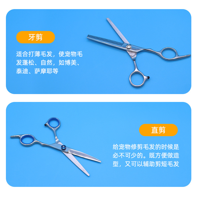 Herramientas de belleza para mascotas tijeras de dientes tijeras planas peine traje perro gato corte de pelo tijeras rectas de acero inoxidable al por mayor