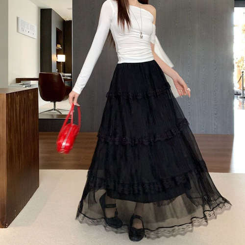 Spring 2025 High-Waist Slimming Lace Tiered A-Line Dress Sweet Matchable Medium-Length Dress High-Waist Umbrella Skirt Trendy Dress