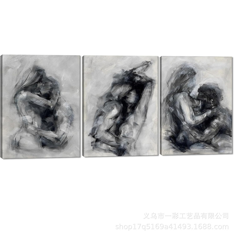 Framed 3-Piece Black and White Sexy Couple Canvas Wall Painting Modern Abstract Art Poster Bedroom Bathroom Wall Decoration Hanging Painting