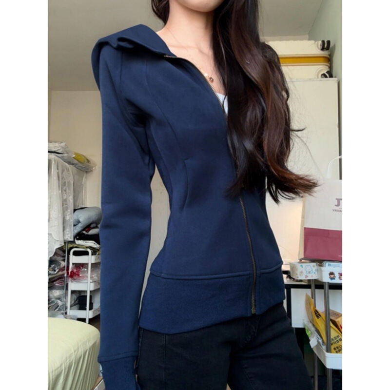 American-style slim-fit versatile sweatshirt jacket for women, suitable for spring and autumn, Korean-style fashion, with a tailored shoulder and waist-cinching design, tight-fitting, sporty, short-length top American-style slim-fit versatile sweatshirt jacket for women, suitable for spring and autumn, Korean-style fashion, with a tailored shoulder and waist-cinching design, tight-fitting, sporty, short-length top
