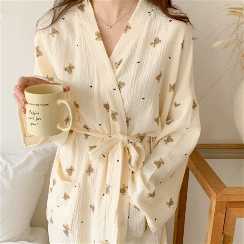 Autumn cartoon pijama, bathrobe, belt, with little bears