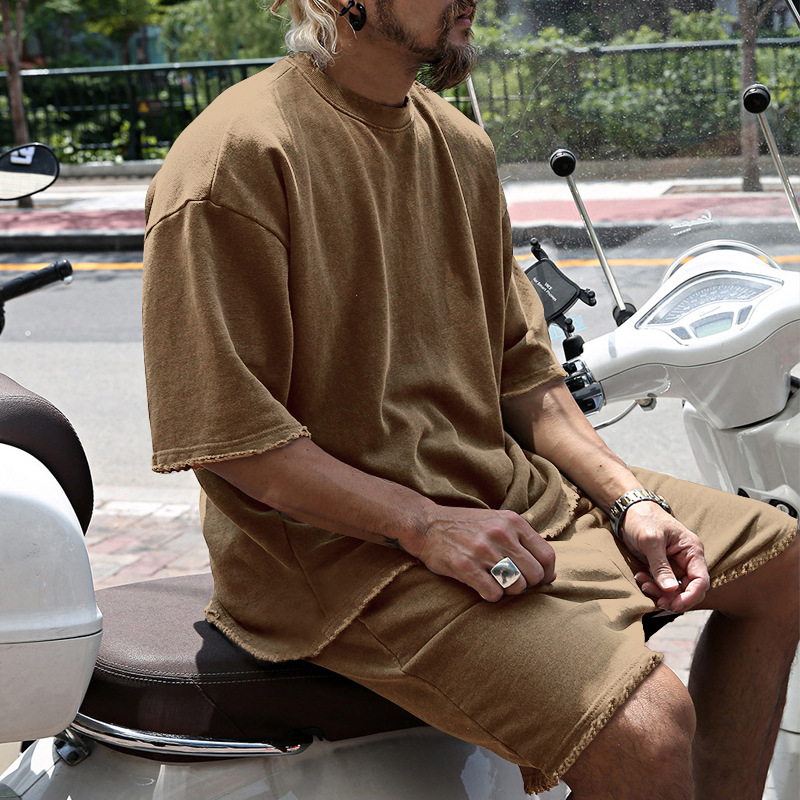 427g Weight Short Sleeve Sleeve Length Cotton Blend Fabric Type Shorts Sets Sets Type 2 Pieces Set Quantity Sports Occasion Round Neck Neckline Regular Fit Fit Type Solid Color Pattern Summer, Spring Season Men's Gender Casual Style Men's Solid Color Shorts Sets Men's Clothing 16