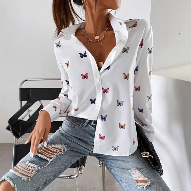 Cross-Border European and American Style Temu Women's Long-Sleeved Shirt 3D Printed Butterfly Pattern Four-Season Single-Breasted Cardigan Source Factory