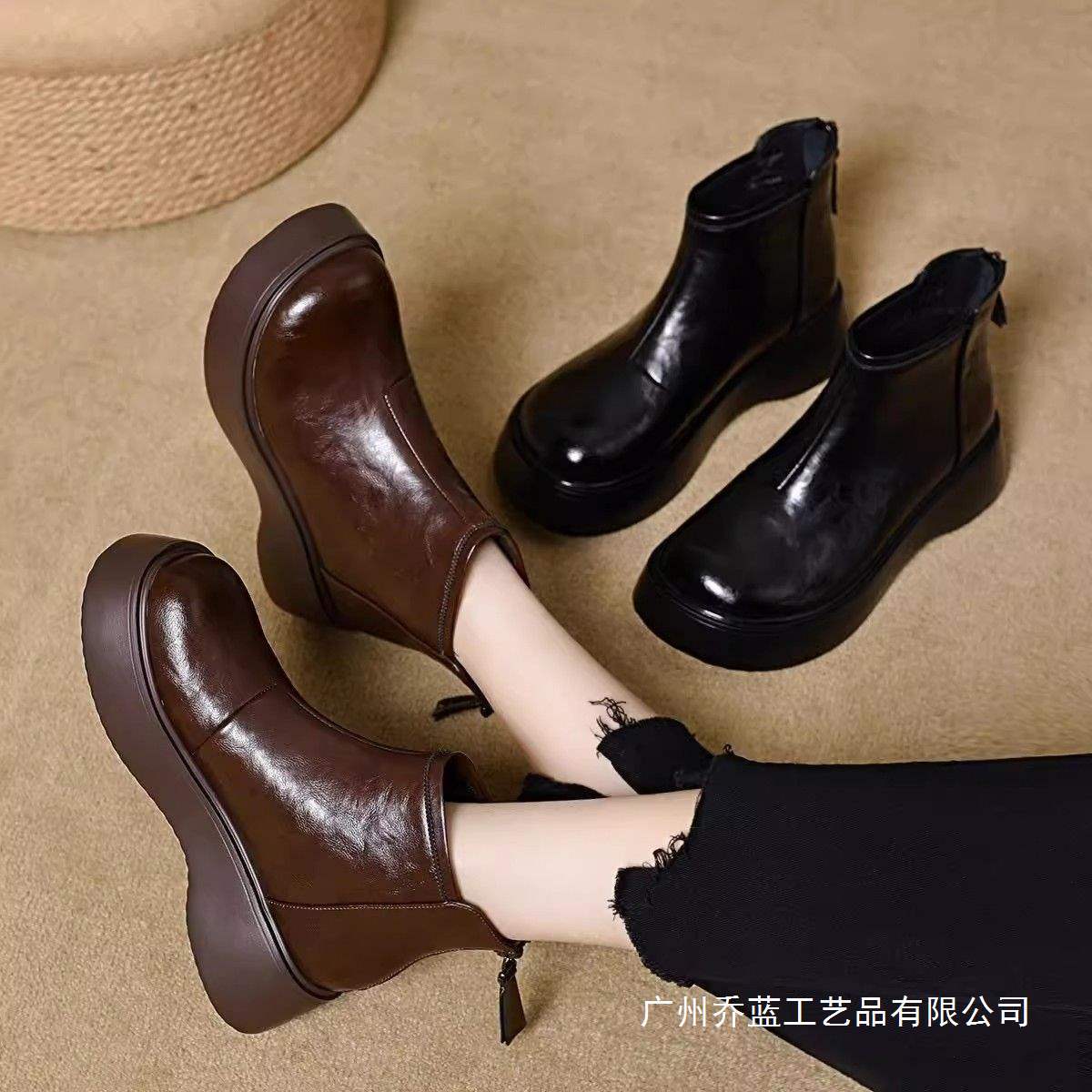 2025 New Winter Fleece-Lined Genuine Soft Leather Short Boots Platform Sole Retro Ankle Boots Women's Snow Boots
