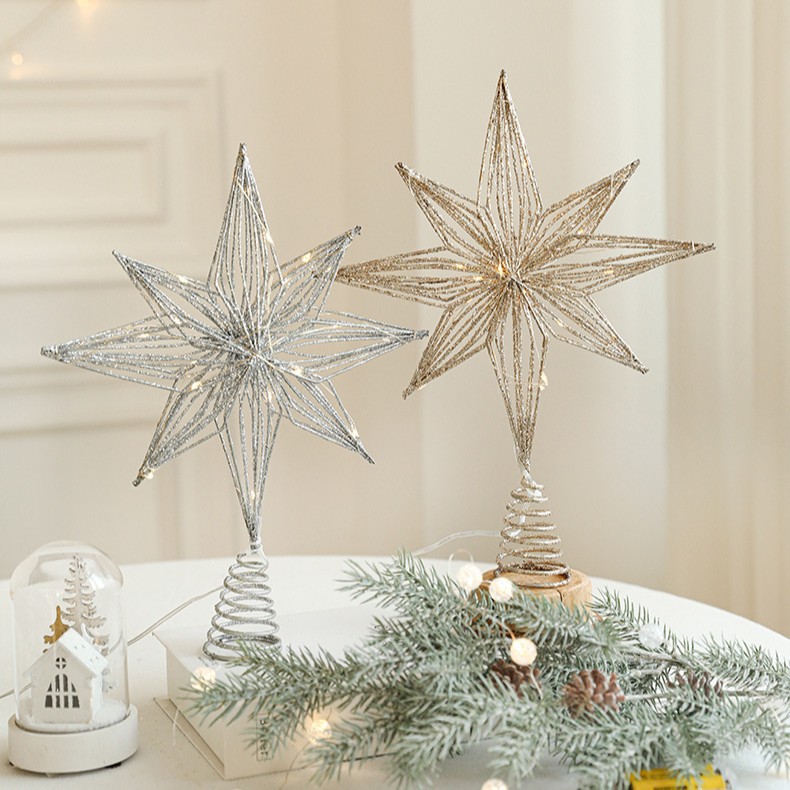 Navidad nuevo producto árbol de Navidad hierro forjado polvo pegajoso top de árbol accesorios de estrellas oro tridimensional hueco estrella de cinco puntas decoración