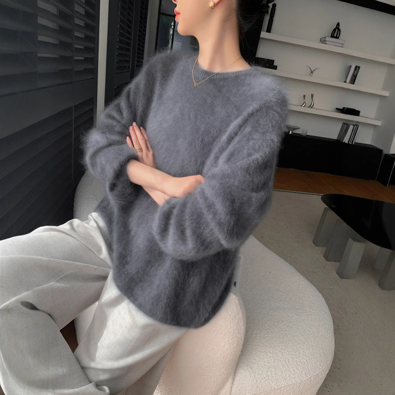 Knitted Warm Loose Women's Lazy Style Autumn and Winter Sweater Brushed Thickened Crew Neck Wool Sweater Southeast Asia