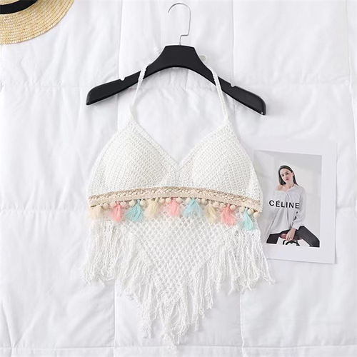 Small vest suspender women's summer halterneck short style knitted top with breast pads backless hollow tube top embroidered vest