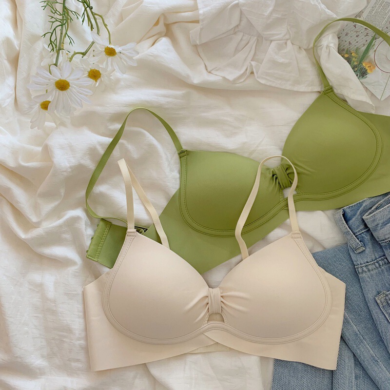 Bowknot breathable Japanese style hollow-out sweet skin-friendly seamless underwear women's glossy small chest push up girl bra suit
