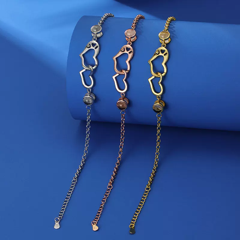 欧美双爱心手链女时尚轻奢100种语言我爱你投影手链时尚饰品定 制