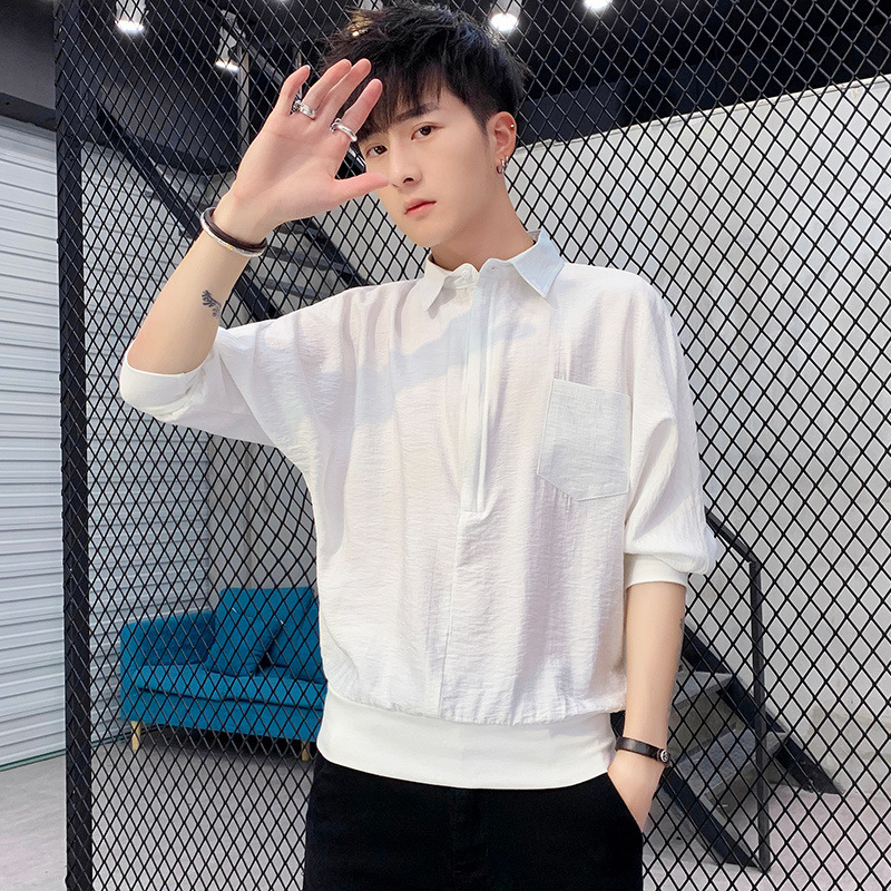 Summer Short-Sleeved Shirt for Men, Korean Style Social Boy Loose Shirt, Student Casual Mid-Sleeve Three-Quarter Sleeve Men's Bat Shirt