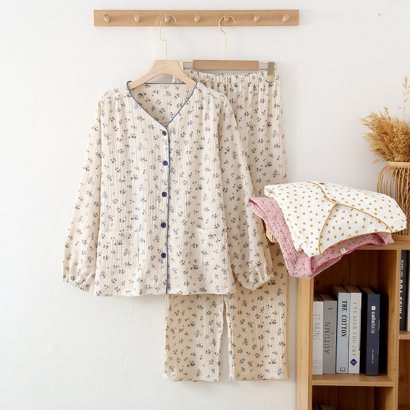 Spring and Autumn summer Japanese pastoral style long-sleeved women's pajamas cotton gauze cardigan thin simple home wear suit